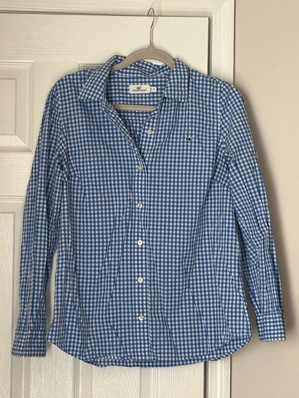 Vineyard Vines White Blue Gingham Long Sleeve Button Down up Shirt Size 12